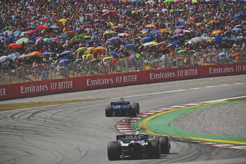 Haas car on the track at the spanish grand prix 2023