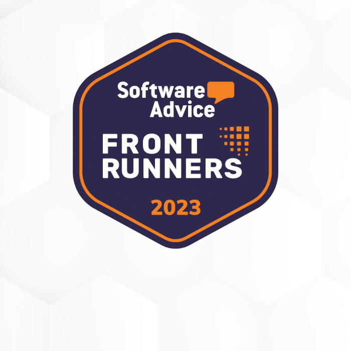White digital background showing hexagon tiles with the official purple and orange software advice frontrunner 2023 badge in the middle. » admin by request