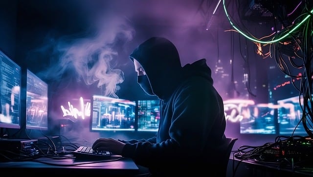 A man in a hoodie and face mask working on privileged access management tools at a computer