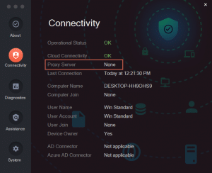 The admin by request connectivity screen of the about window, displaying no proxy server » admin by request