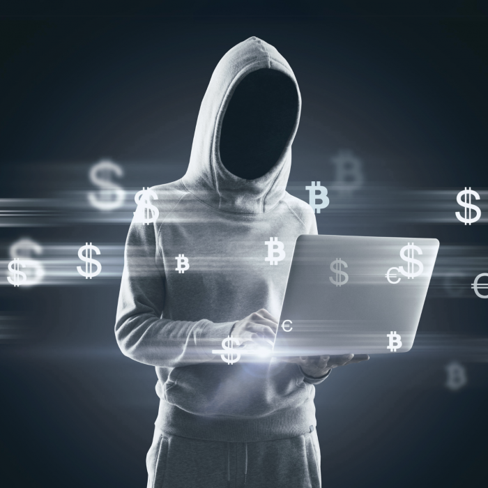 Hooded hacker holding a laptop while dollar signs swirl around them