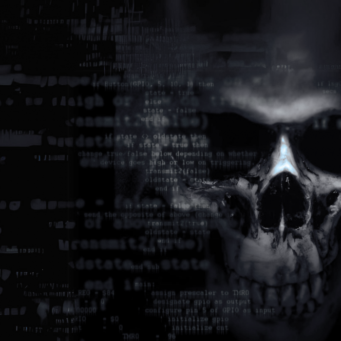 Digital image of a skull amongst some binary, dark blue » admin by request