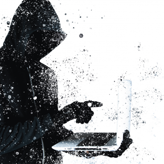 Digital graphic of a hacker working on a laptop on a white background. » admin by request