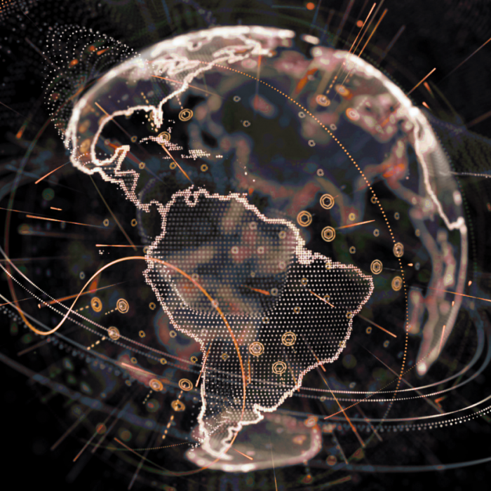 A digital globe made of neon orange lights for Admin By Request Secure Remote Access