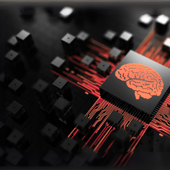 Digital image of an orange neon light brain within a cpu admin by request » admin by request