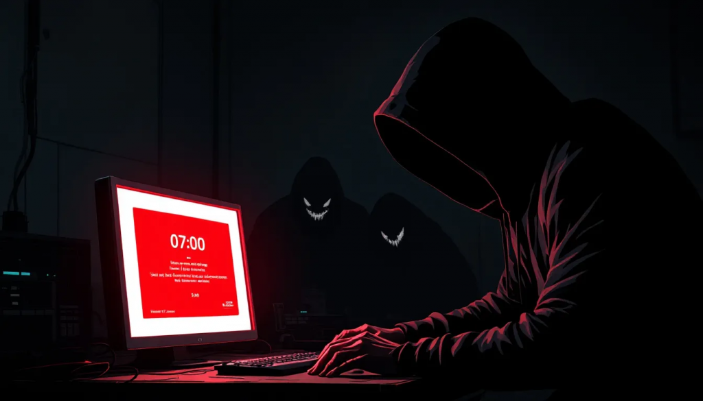 Hacker in a dark room facing a red ransomware alert on a monitor, with ominous figures in the background.