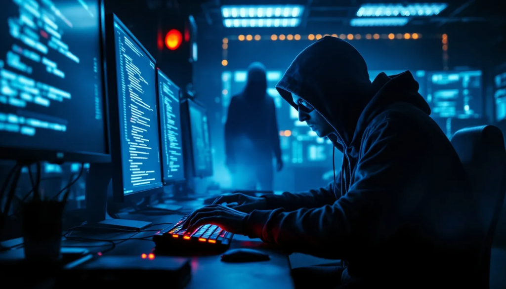 Hacker in a hoodie working on multiple monitors in a dimly lit room with a shadowy figure in the background.