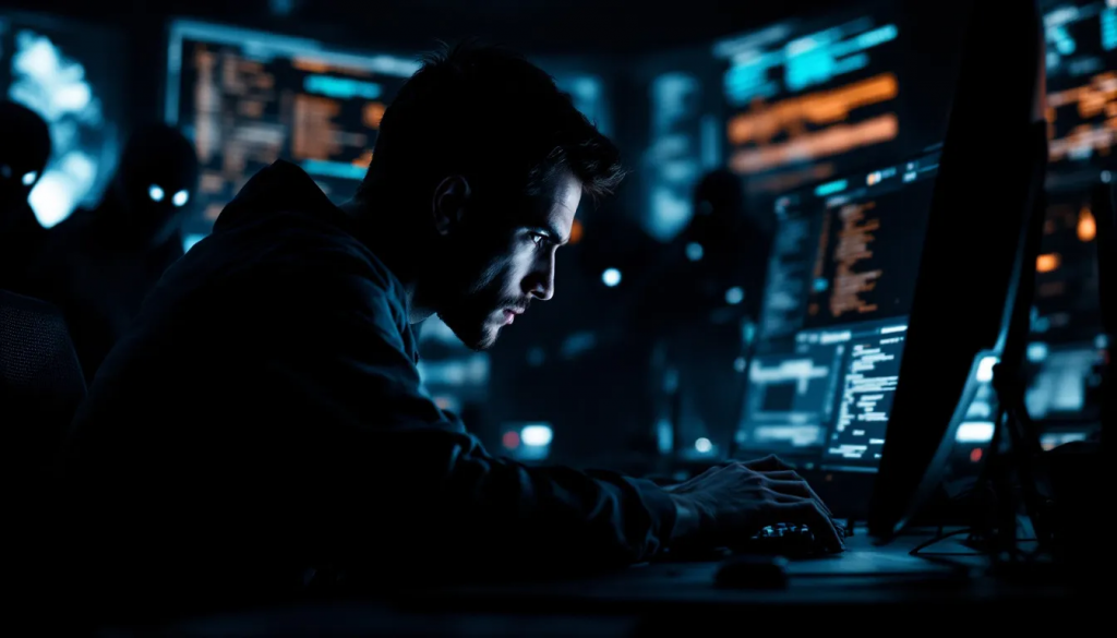 Focused programmer working on a computer in a dark room, surrounded by glowing screens and shadowy figures.