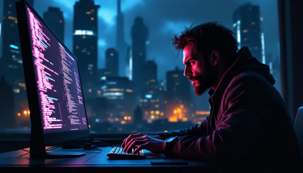 Dedicated programmer working on a glowing monitor with a vibrant cityscape in the background at night. » admin by request