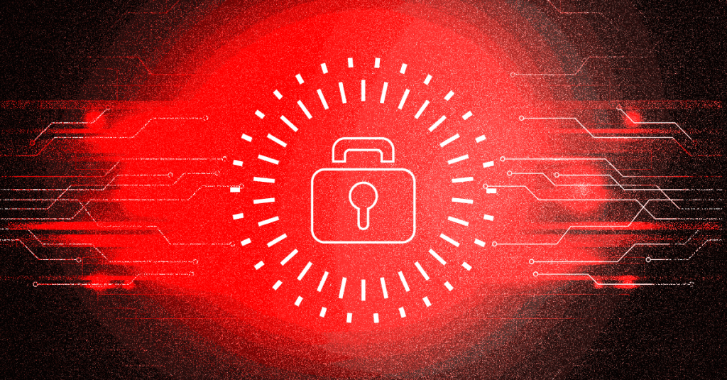 Abstract red cybersecurity concept with a glowing lock icon surrounded by digital circuits and dynamic lines.