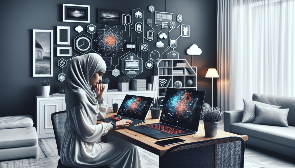 A woman working remotely in a cozy, modern home office setting, interacting with multiple laptop devices » admin by request