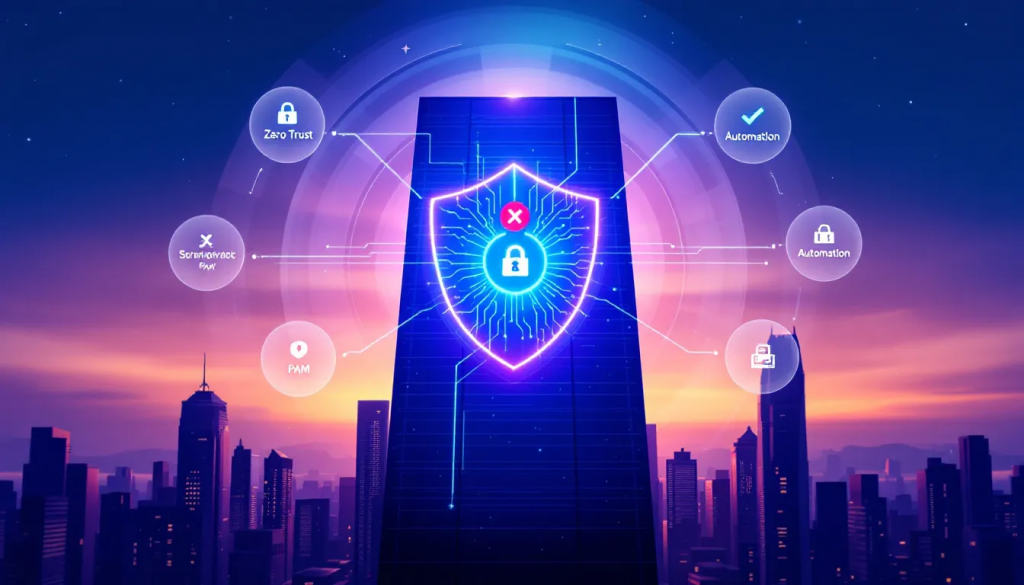 Illustration of cybersecurity concepts featuring a glowing shield with a lock icon, surrounded by automation and zero trust elements. » admin by request