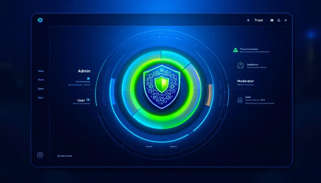 Digital interface displaying a cybersecurity shield icon in a circular dashboard with user roles like admin and moderator highlighted. » admin by request