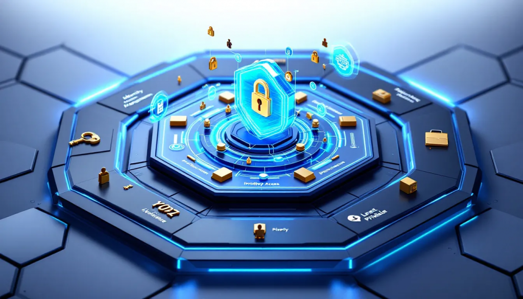 Futuristic cybersecurity platform with a glowing lock at the center, surrounded by data nodes, keys, and security icons.