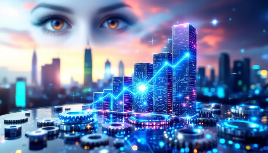 Futuristic cityscape with a glowing data graph, gears in the foreground, and a watchful pair of eyes in the background.