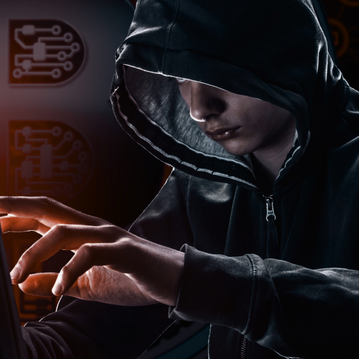 Hacker in a hoodie sitting at a computer » admin by request