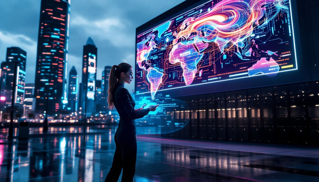 A woman working on a hologram in front of a screen showing the globe, optimizing performance for cloud based remote access.