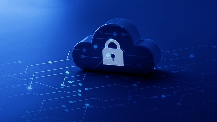 Blue cloud icon with a padlock, symbolizing secure cloud computing, overlaid with a digital network pattern representing connectivity and data protection. » admin by request