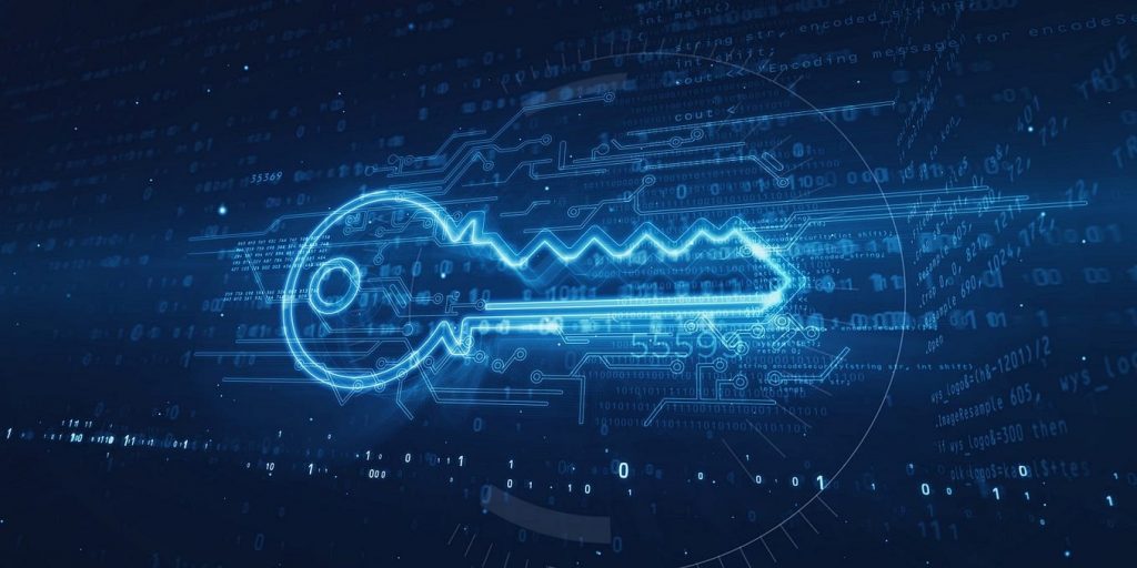 Glowing digital key overlaid with binary code and circuit patterns, symbolizing secure access, encryption, and cybersecurity in a high-tech digital environment. » admin by request