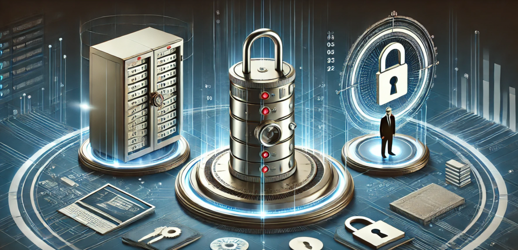 A privileged access management depiction featuring a complex padlock