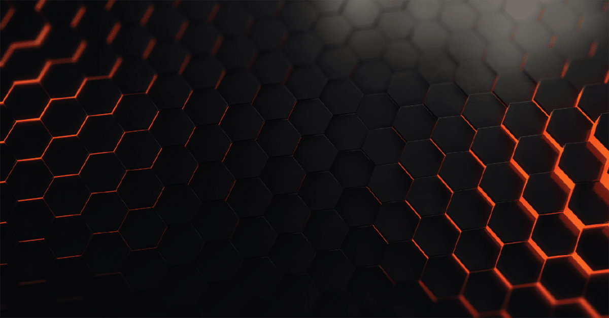 Digital artwork of 3D black hexagons with orange sides, all positioned at different heights.