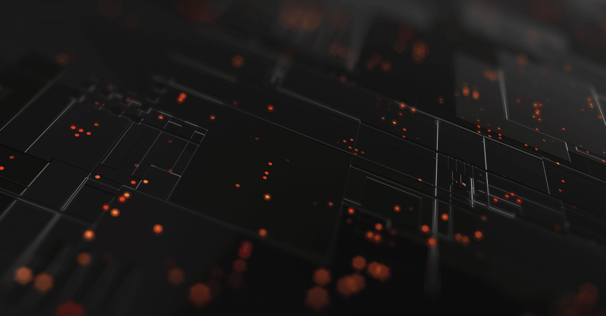 Digital artwork of a black motherboard with orange dots scattered around.