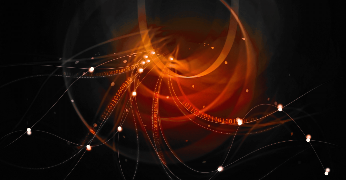 Digital artwork of orange strands of code and lines coming out of a centre point.
