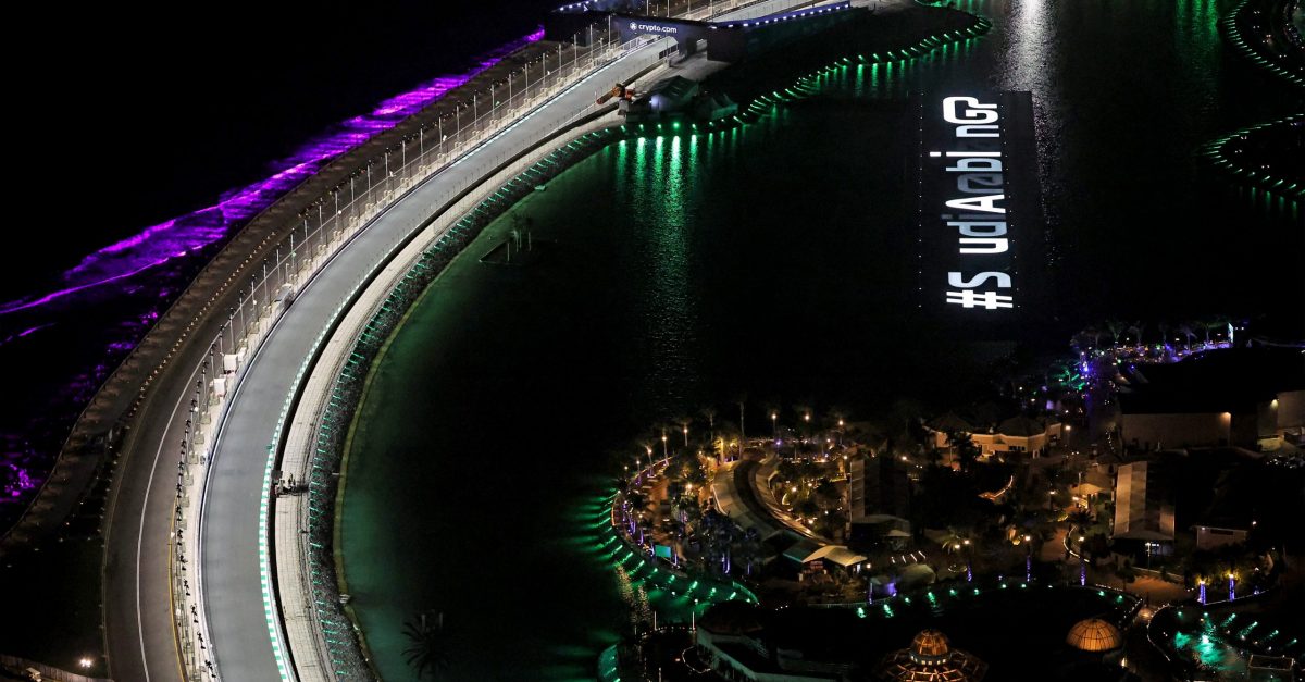 Night scene during practice for the 2024 Saudi Arabian Grand Prix at the Corniche Street Circuit in Jeddah. Photo: Grand Prix Photo