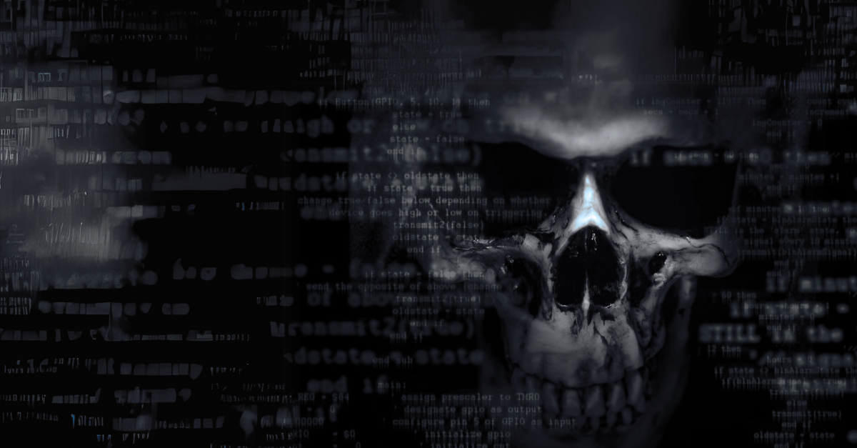 Digital image of a skull amongst some binary, dark blue