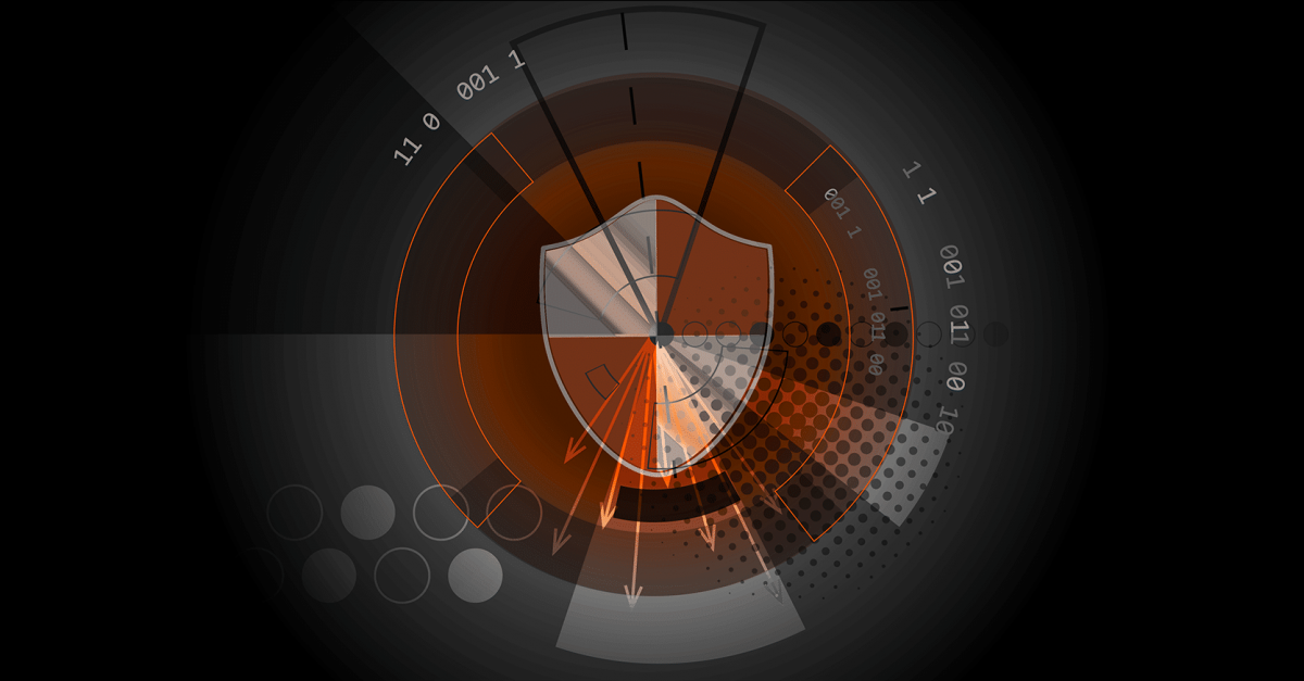 An eye-like digital artwork with an orange shield as the retina with a black background.