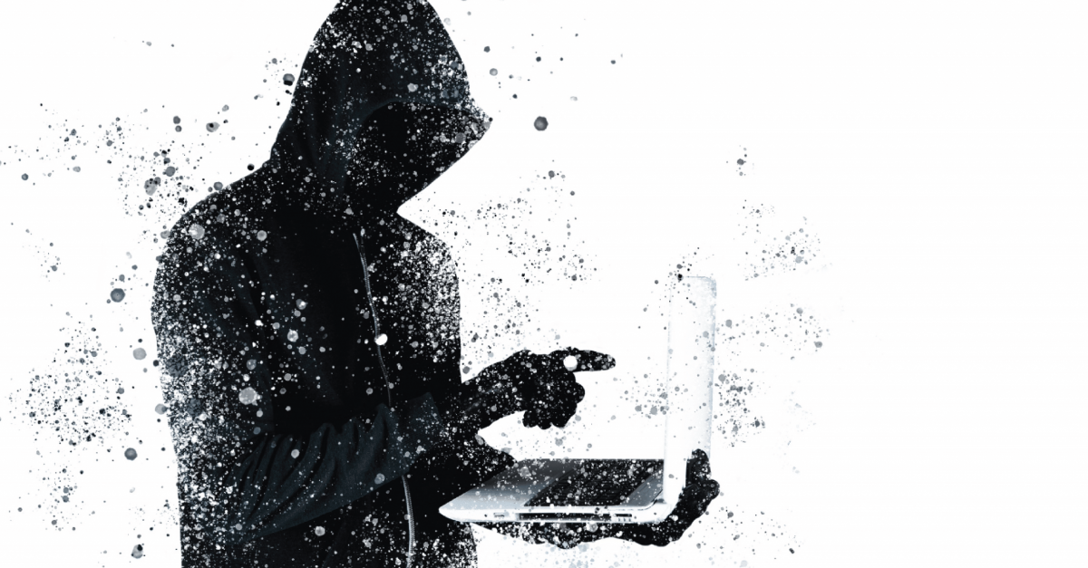 Digital graphic of a hacker working on a laptop on a white background.