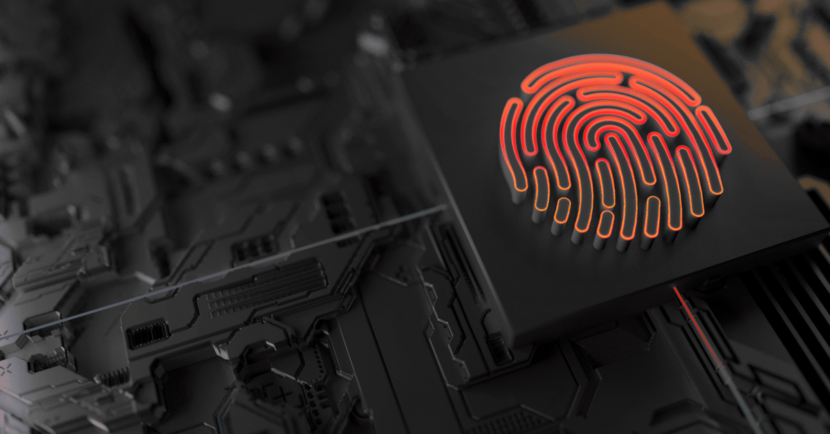 Digital graphic of a 3D fingerprint with neon orange lights