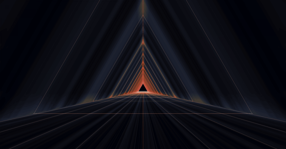 Orange and black digital artwork of many prisms making a 3d like pathway.