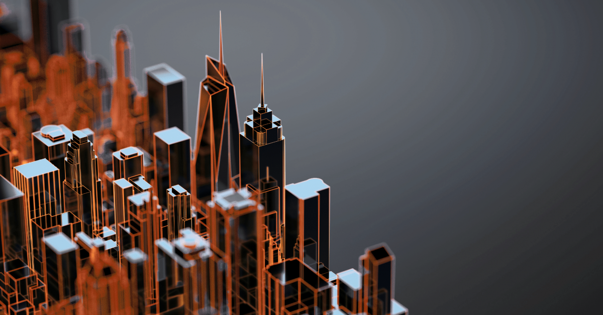 Digital graphic of a miniature city of skyscrapers made of lights