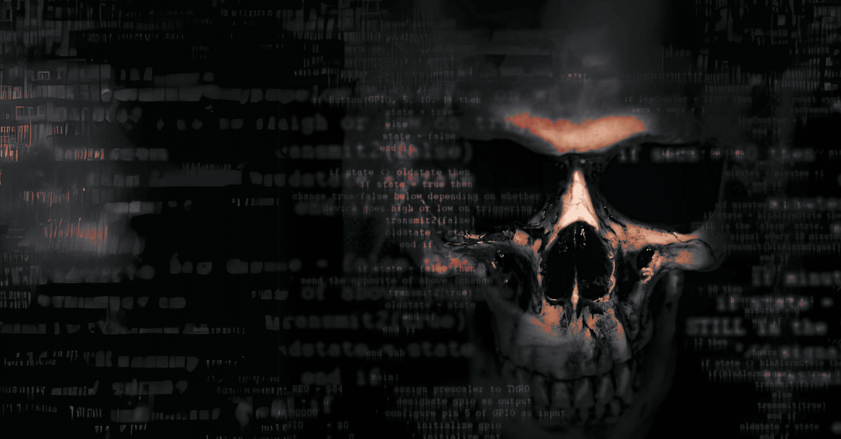 Digital image of a skull amongst floating binary numbers