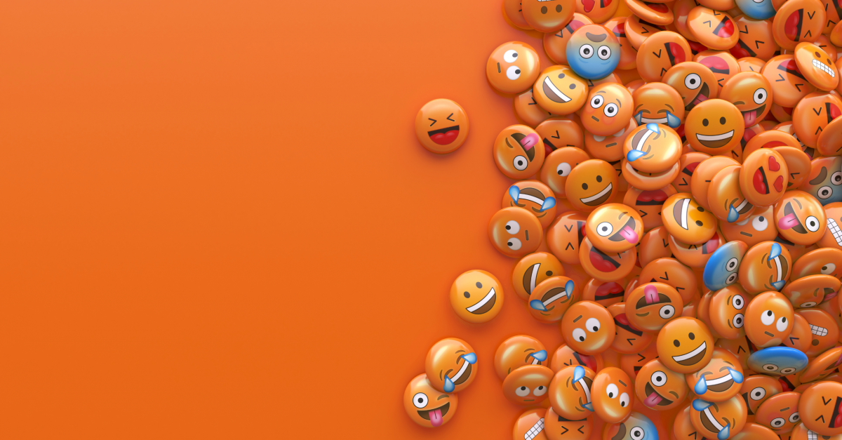 Digital image of 3D emojis spilling onto an orange background