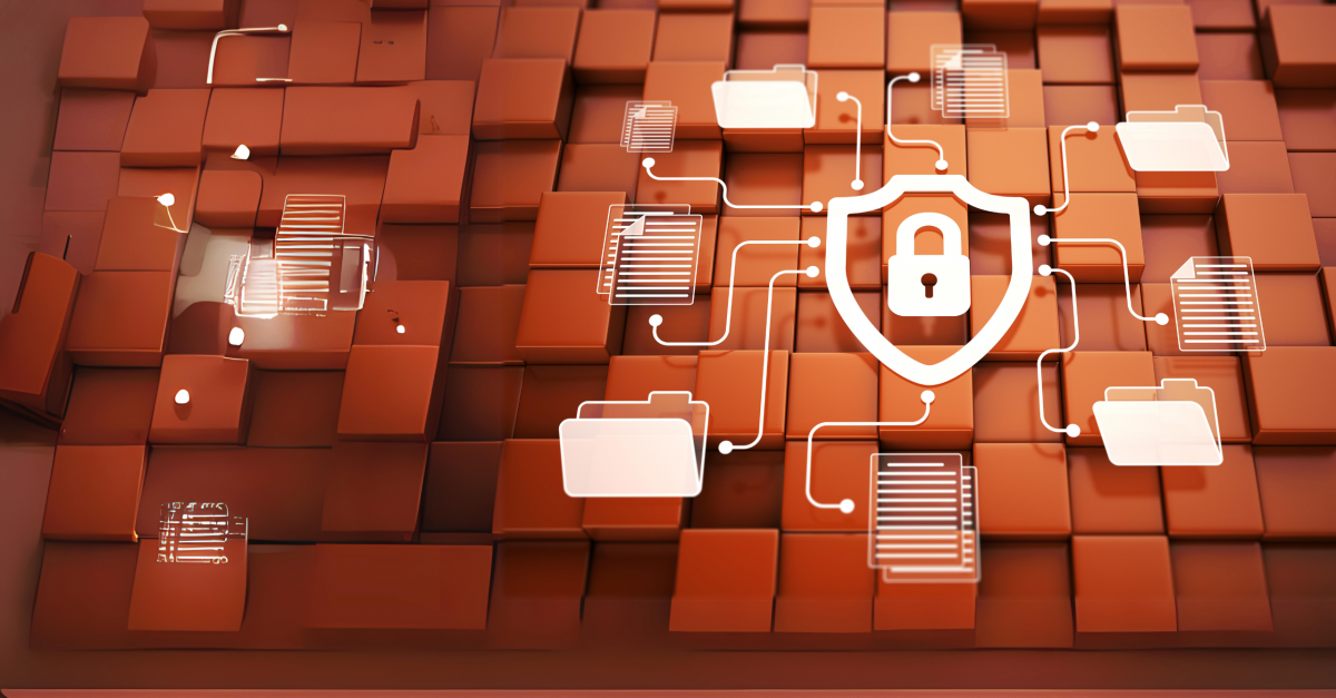 Digital image of orange blocks behind a white padlock icon